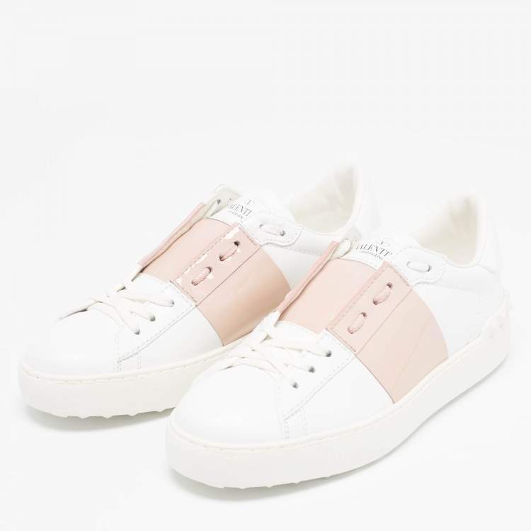 Pre Owned Valentino White/Beige Leather Rockstud Low Top Sneakers Size 38