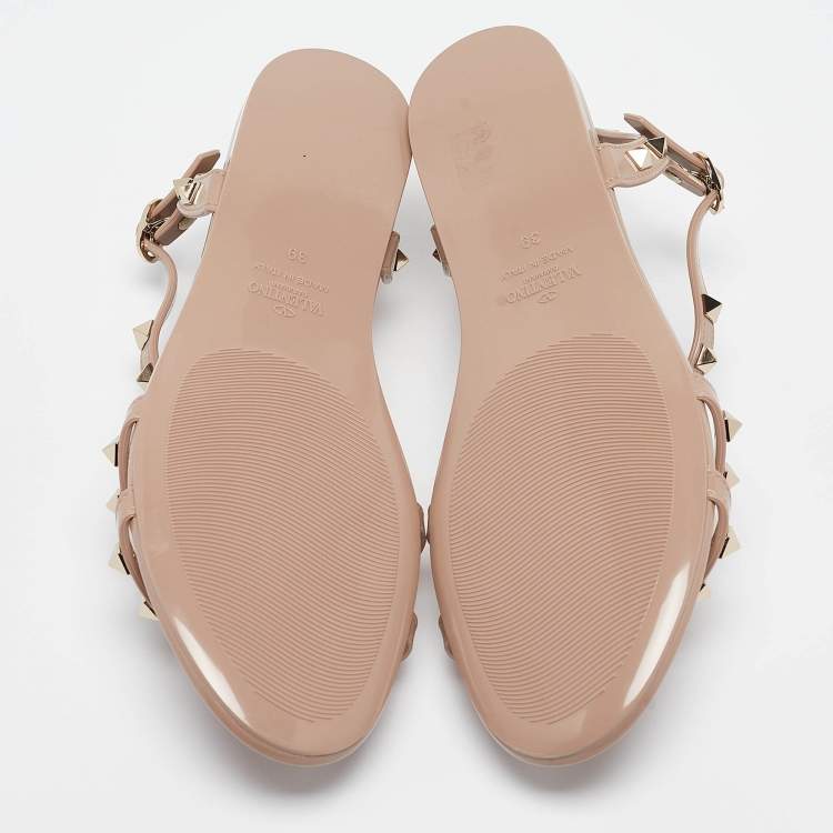 Pre Owned Valentino Dusty Pink Rubber Rockstud Ankle Strap Flat Sandals Size 39