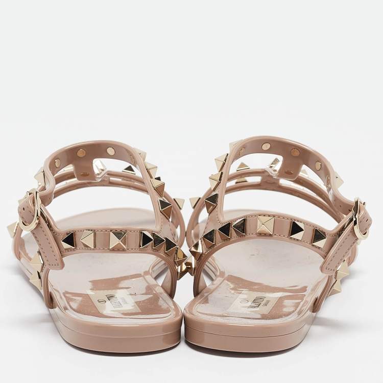 Pre Owned Valentino Dusty Pink Rubber Rockstud Ankle Strap Flat Sandals Size 39