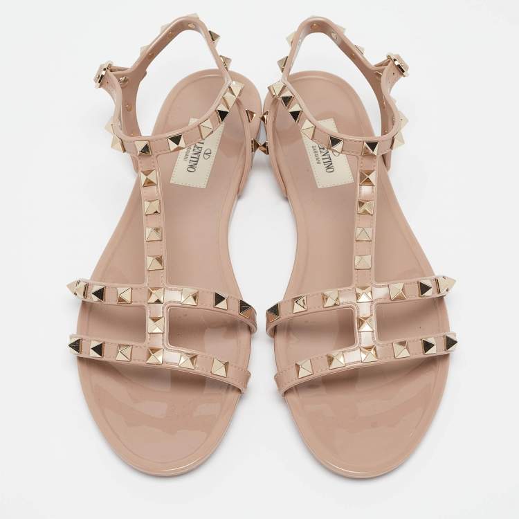 Pre Owned Valentino Dusty Pink Rubber Rockstud Ankle Strap Flat Sandals Size 39