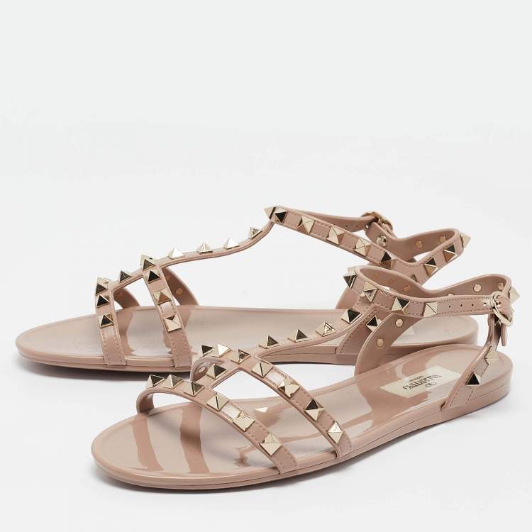 Pre Owned Valentino Dusty Pink Rubber Rockstud Ankle Strap Flat Sandals Size 39