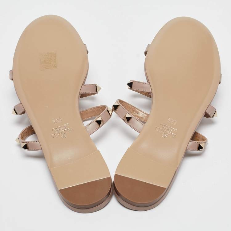 Pre Owned Valentino Dusty Pink Leather Rockstud Flat Slides Size 38.5