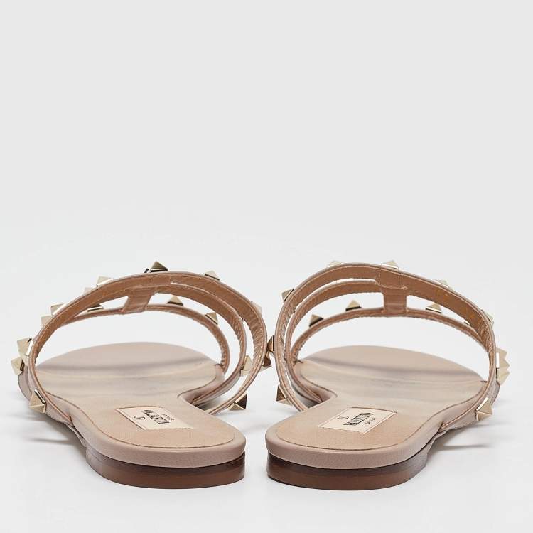 Pre Owned Valentino Dusty Pink Leather Rockstud Flat Slides Size 38.5