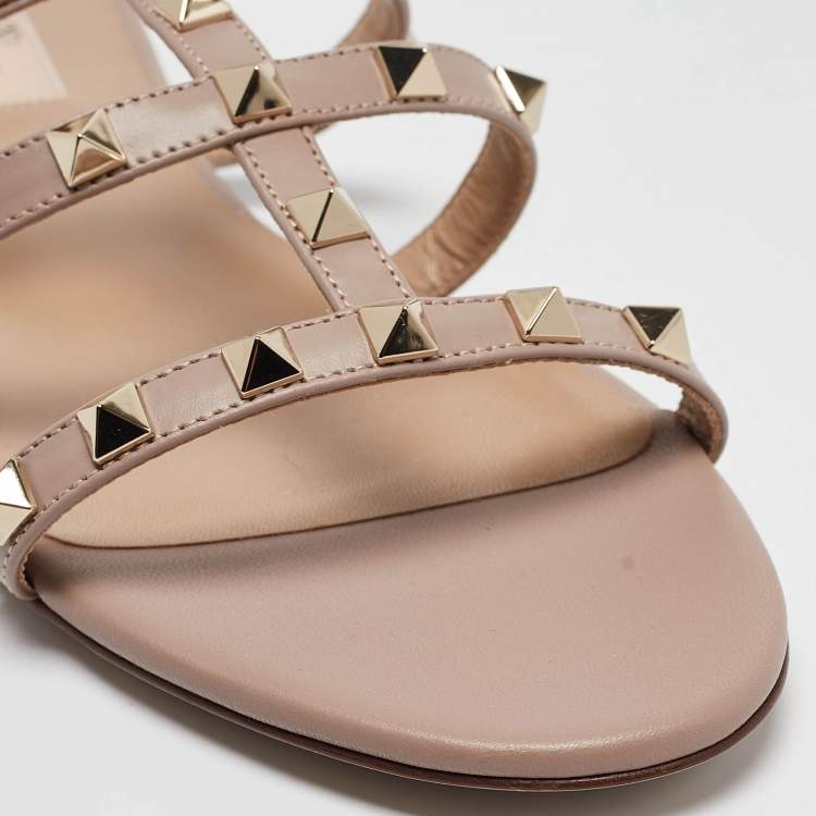 Pre Owned Valentino Dusty Pink Leather Rockstud Flat Slides Size 38.5