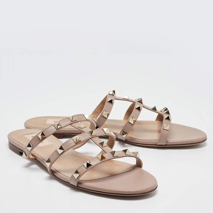 Pre Owned Valentino Dusty Pink Leather Rockstud Flat Slides Size 38.5
