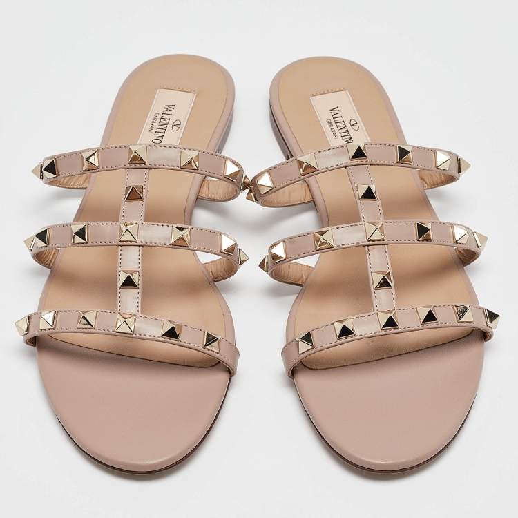 Pre Owned Valentino Dusty Pink Leather Rockstud Flat Slides Size 38.5