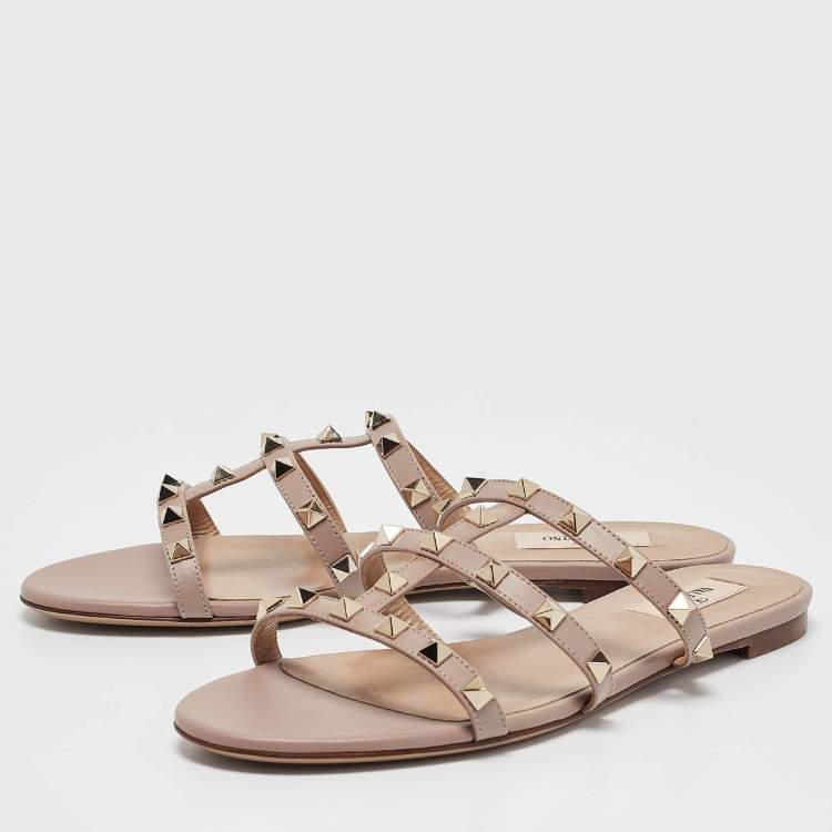 Pre Owned Valentino Dusty Pink Leather Rockstud Flat Slides Size 38.5