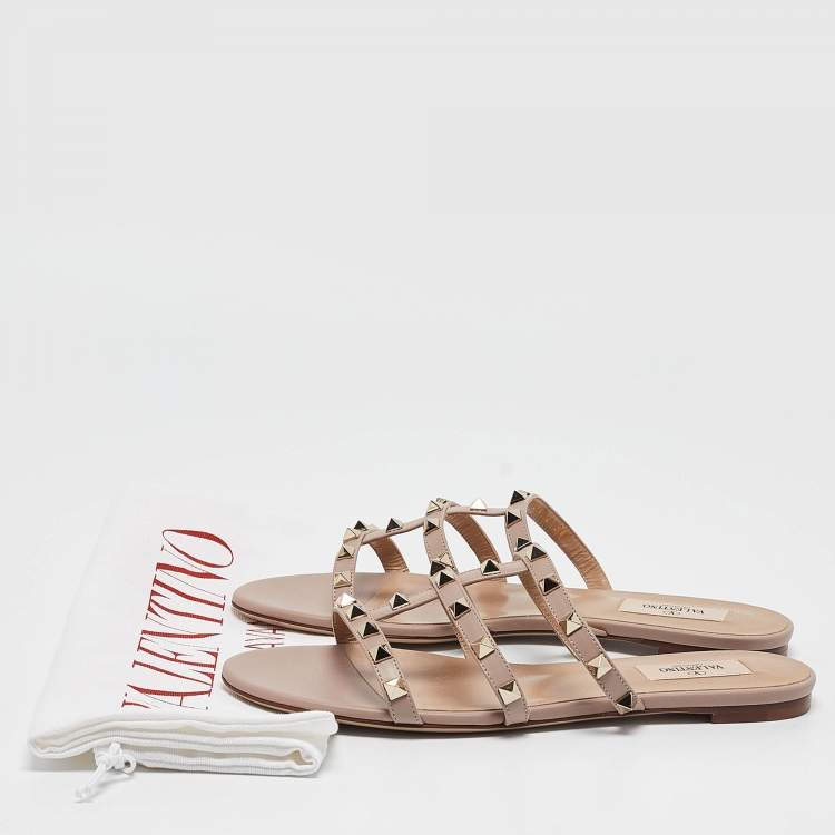 Pre Owned Valentino Dusty Pink Leather Rockstud Flat Slides Size 38.5