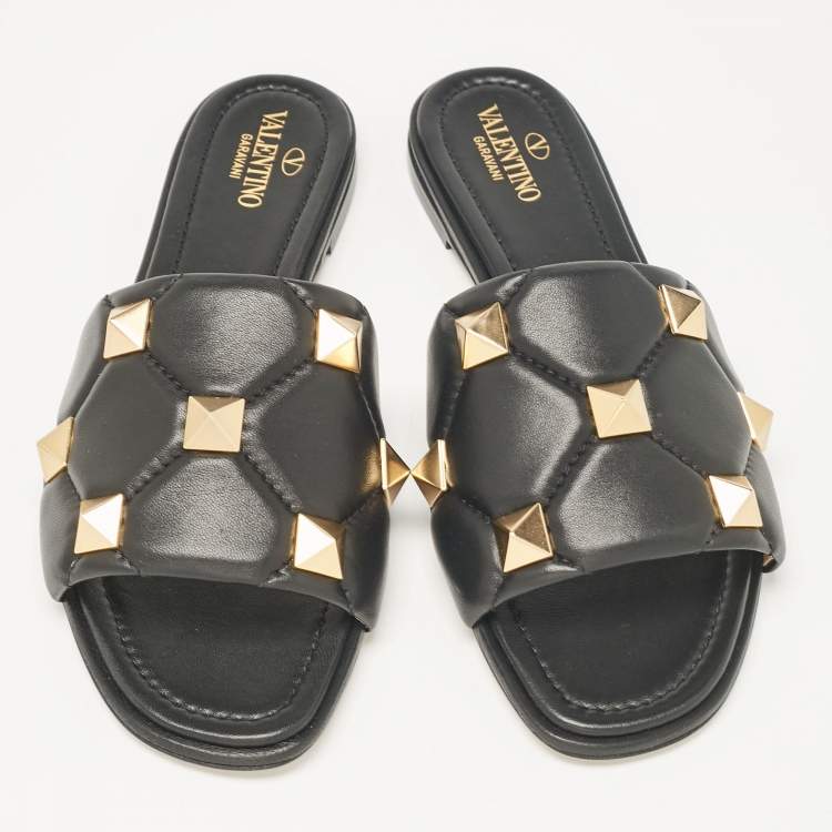 Pre Owned Valentino Black Leather Roman Stud Flat Slides Size 40