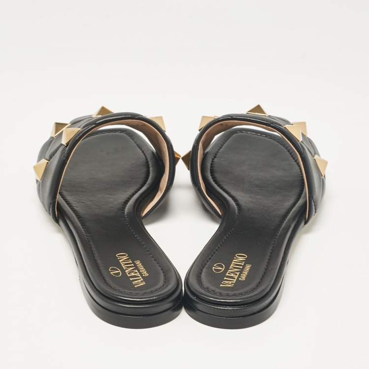 Pre Owned Valentino Black Leather Roman Stud Flat Slides Size 40