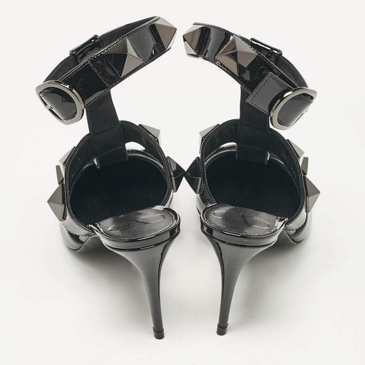 Pre Owned Valentino Black Patent Leather Roman Stud Ankle Strap Pumps Size 37 