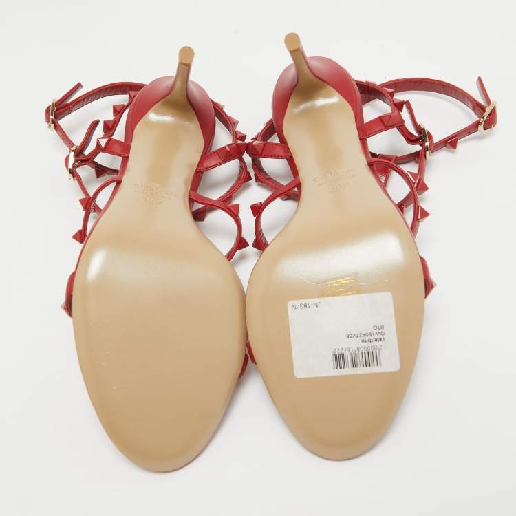 Pre Owned Valentino Red Leather Rockstud Ankle Strap Sandals Size 39.5