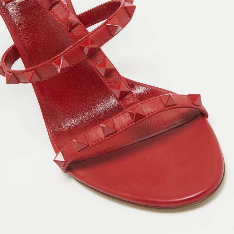 Pre Owned Valentino Red Leather Rockstud Ankle Strap Sandals Size 39.5