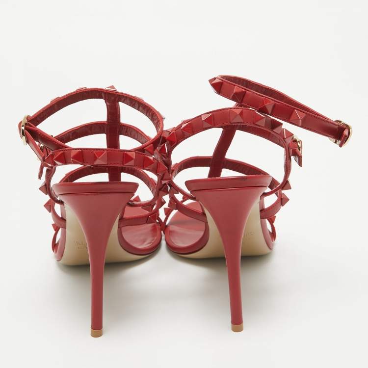 Pre Owned Valentino Red Leather Rockstud Ankle Strap Sandals Size 39.5