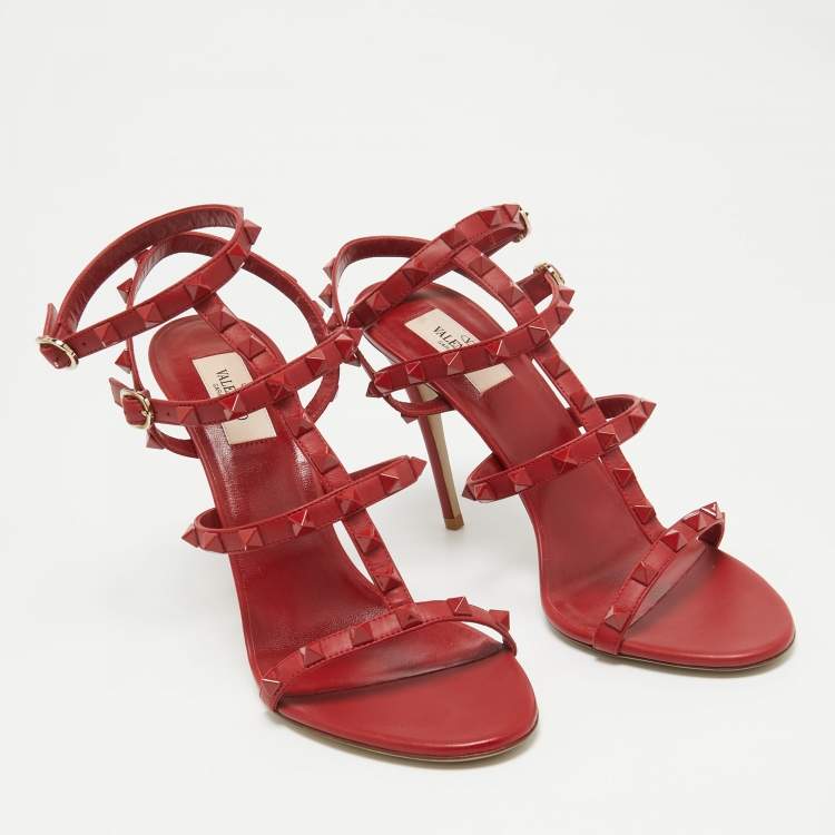 Pre Owned Valentino Red Leather Rockstud Ankle Strap Sandals Size 39.5