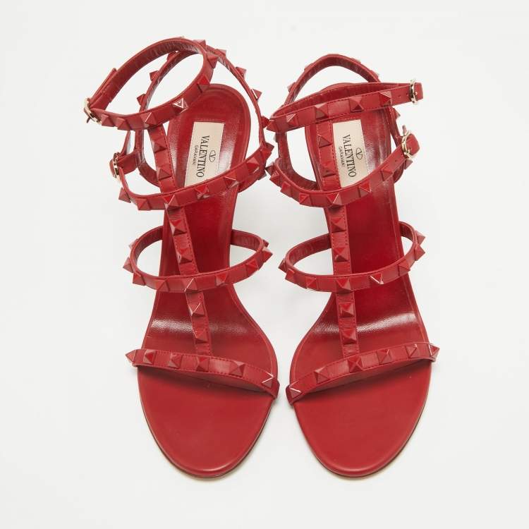 Pre Owned Valentino Red Leather Rockstud Ankle Strap Sandals Size 39.5
