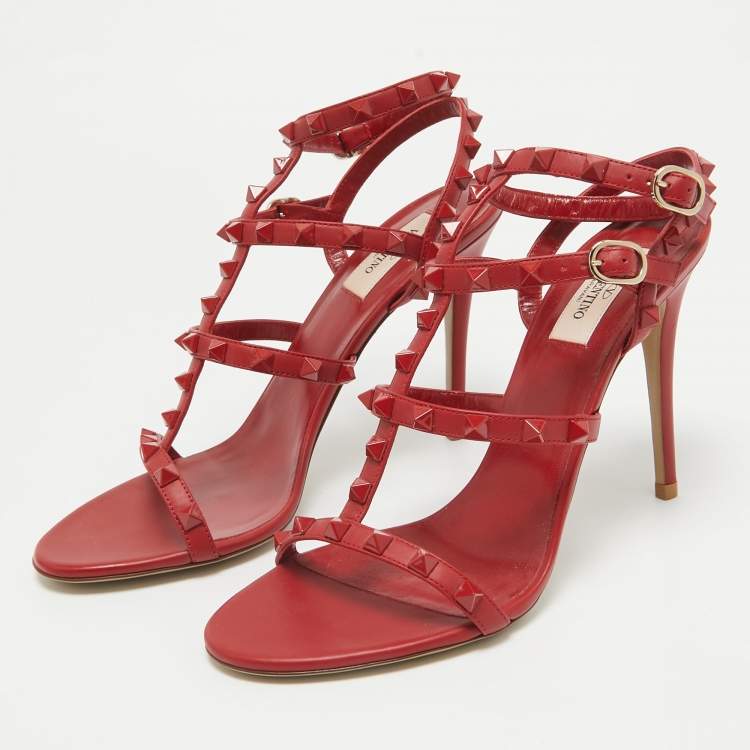 Pre Owned Valentino Red Leather Rockstud Ankle Strap Sandals Size 39.5