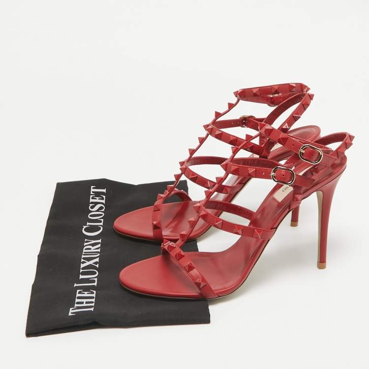 Pre Owned Valentino Red Leather Rockstud Ankle Strap Sandals Size 39.5