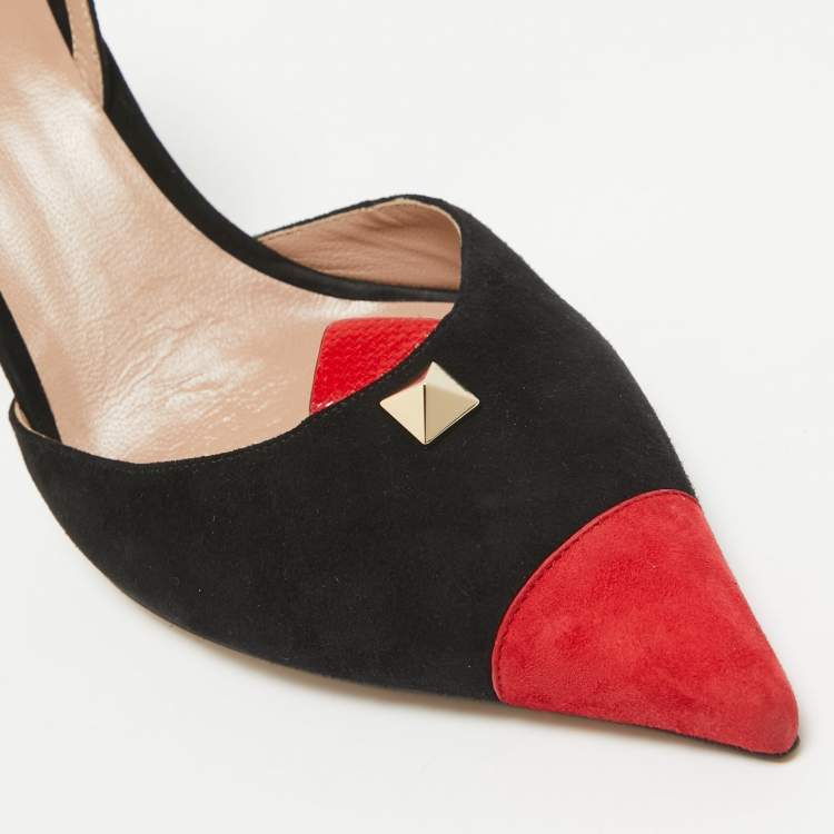Pre Owned Valentino Black/Red Suede Rockstud Slingback Pumps Size  41