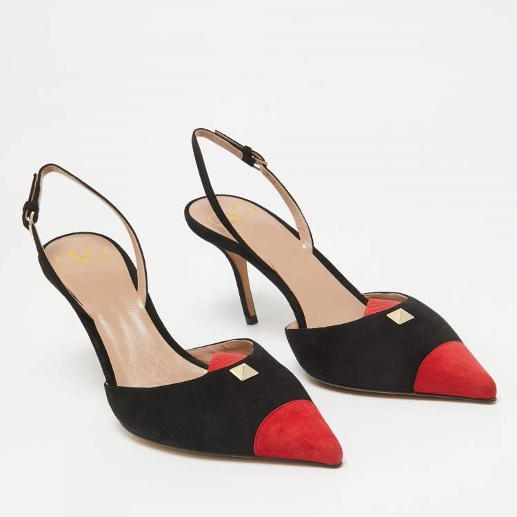 Pre Owned Valentino Black/Red Suede Rockstud Slingback Pumps Size  41