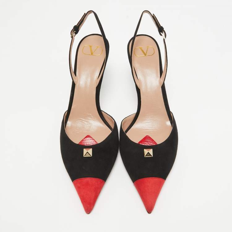 Pre Owned Valentino Black/Red Suede Rockstud Slingback Pumps Size  41