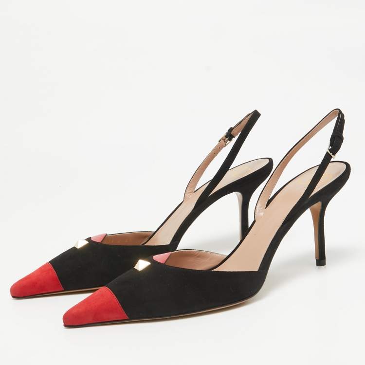 Pre Owned Valentino Black/Red Suede Rockstud Slingback Pumps Size  41