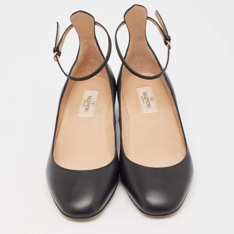 Pre Owned Valentino Black Leather Tango Ankle Strap Flats Size 37.5