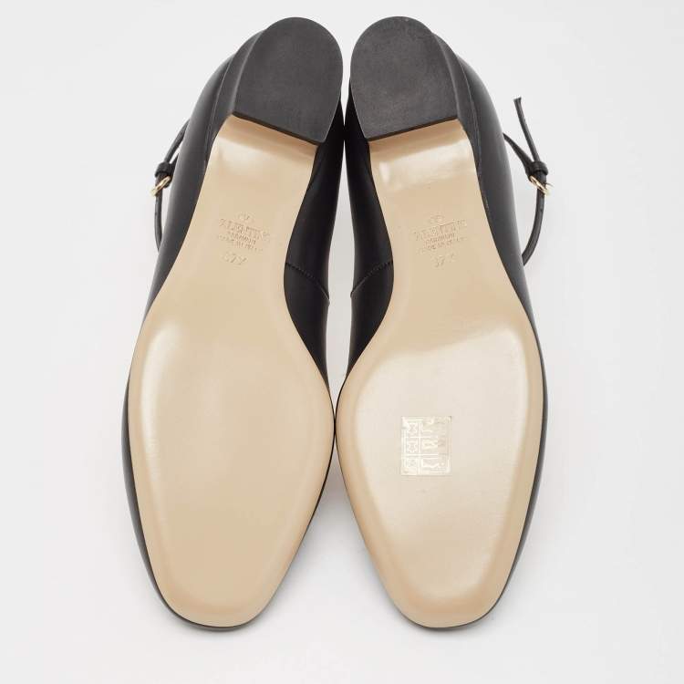 Pre Owned Valentino Black Leather Tango Ankle Strap Flats Size 37.5