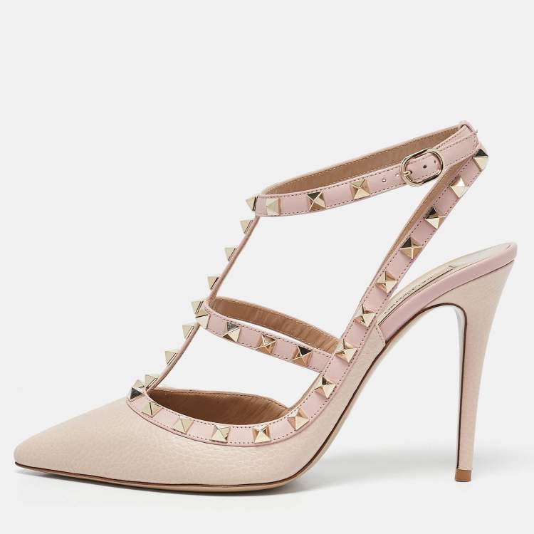 Pre Owned Valentino Pink Leather Rockstud Caged Pumps Size 40.5