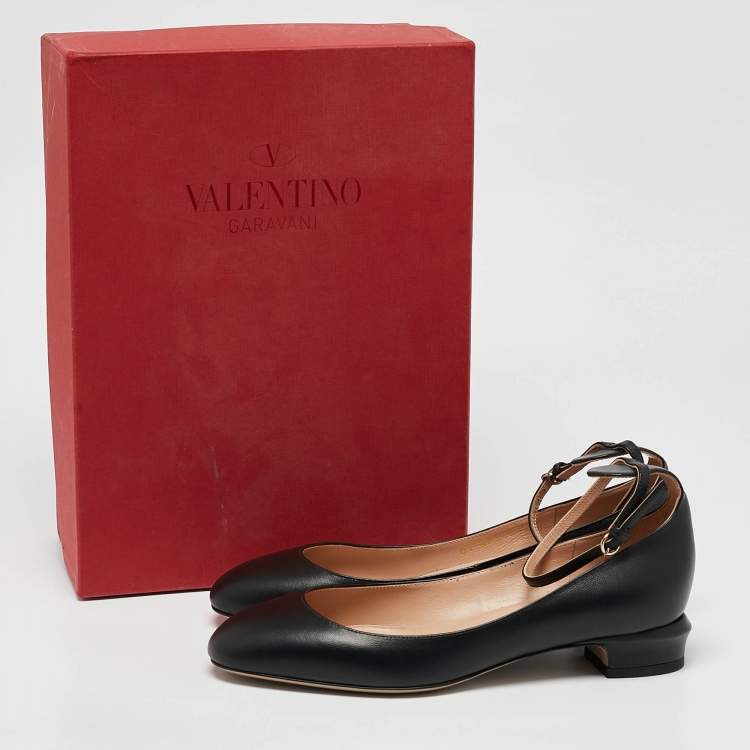 Pre Owned Valentino Black Leather Tango Ankle Strap Flats Size 37