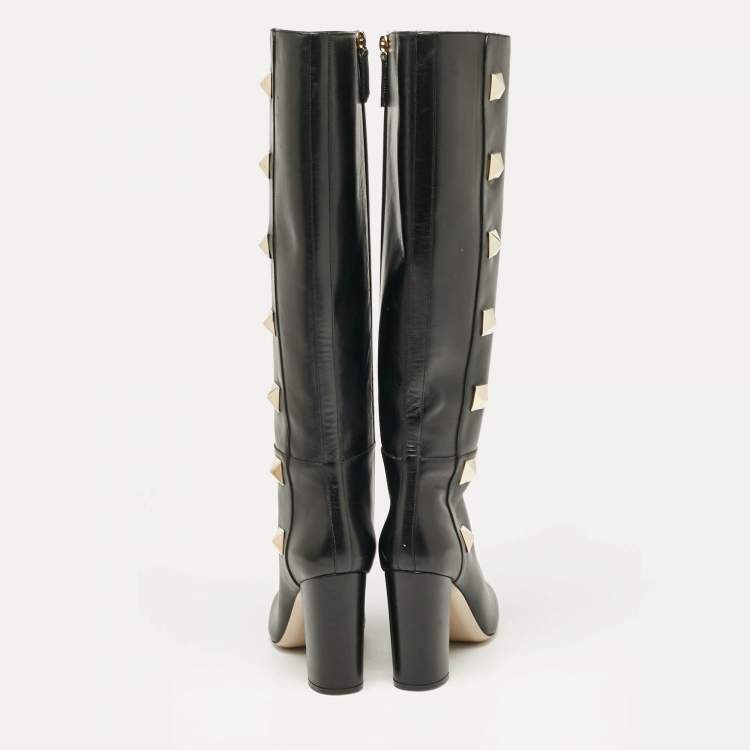Pre Owned Valentino Black Leather Rockstud Knee Length Boots Size 40
