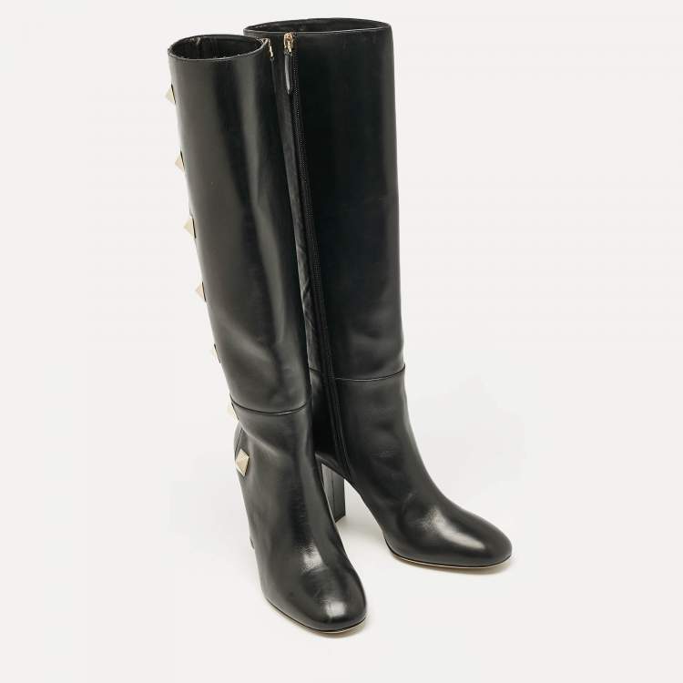 Pre Owned Valentino Black Leather Rockstud Knee Length Boots Size 40