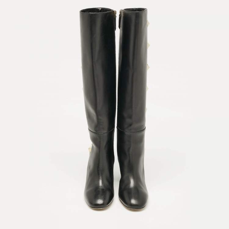Pre Owned Valentino Black Leather Rockstud Knee Length Boots Size 40
