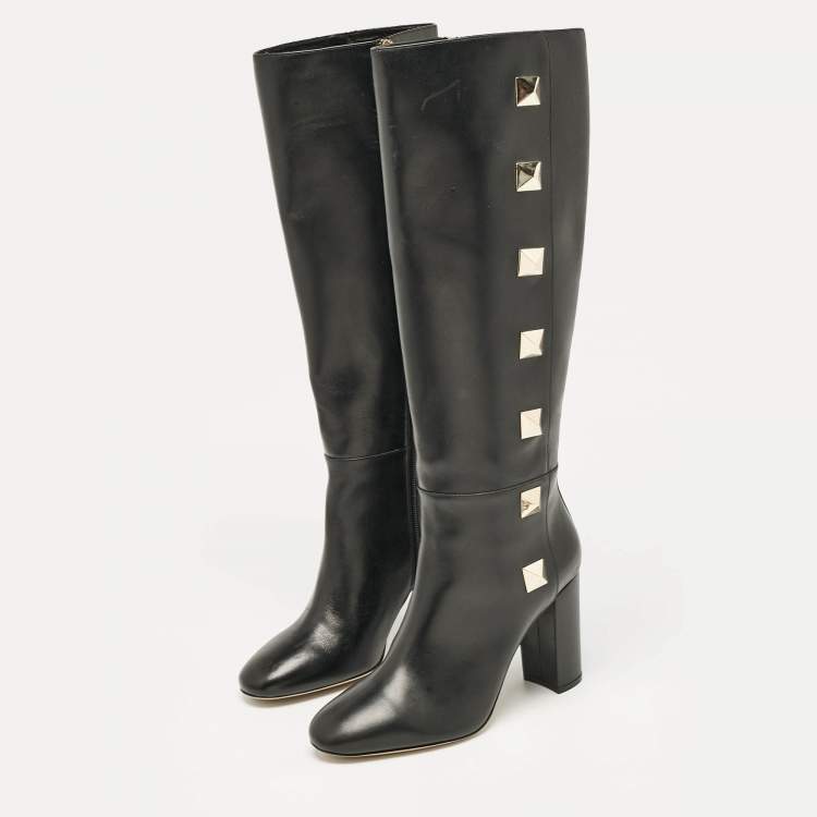 Pre Owned Valentino Black Leather Rockstud Knee Length Boots Size 40