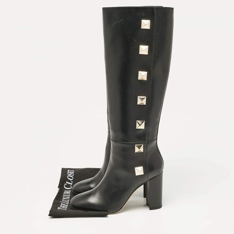 Pre Owned Valentino Black Leather Rockstud Knee Length Boots Size 40