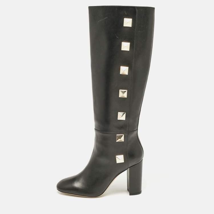 Pre Owned Valentino Black Leather Rockstud Knee Length Boots Size 40