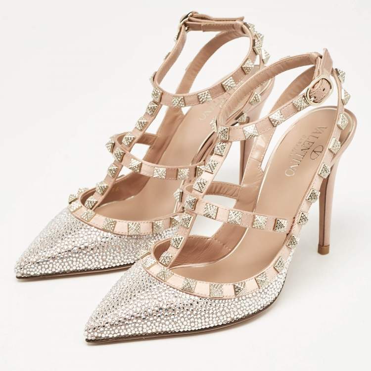 Pre Owned Valentino Beige/Silver Satin and Crystals Rockstud Pumps Size 36