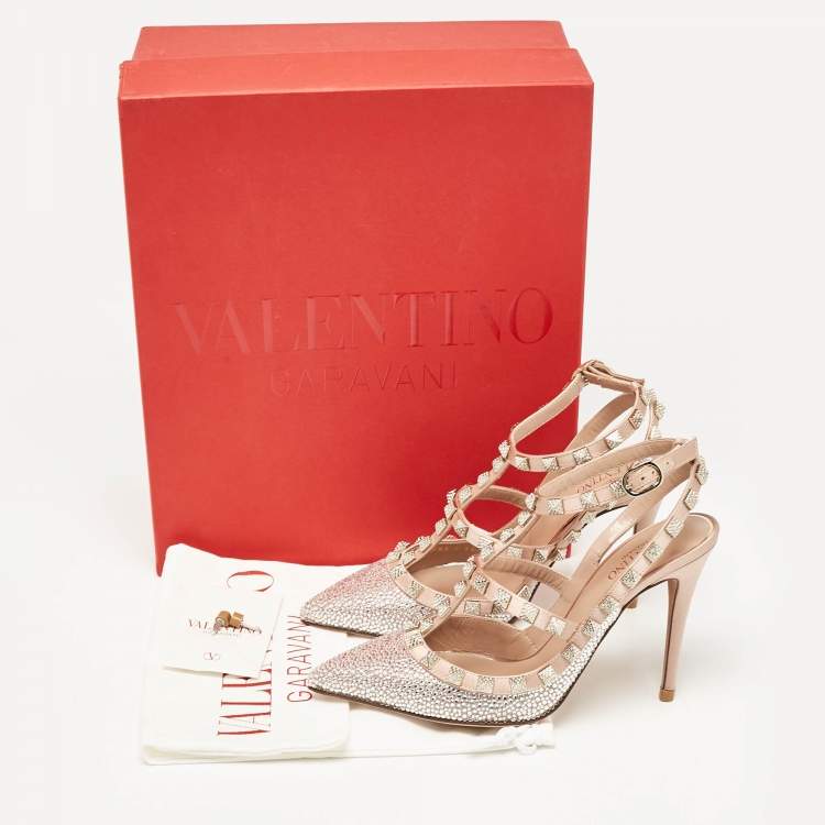 Pre Owned Valentino Beige/Silver Satin and Crystals Rockstud Pumps Size 36