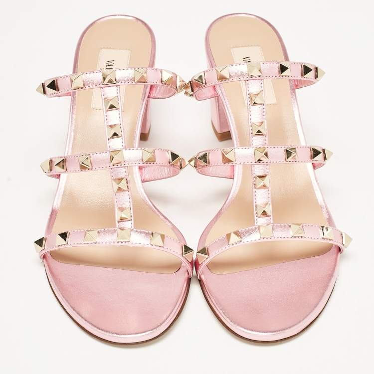 Pre Owned Valentino Metallic Pink Leather Rockstud Slide Sandals Size 38.5
