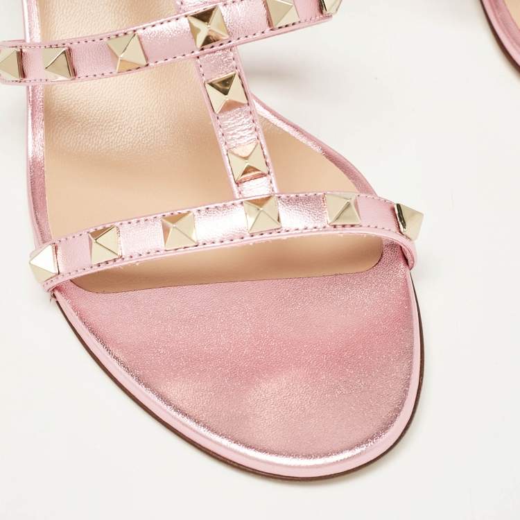 Pre Owned Valentino Metallic Pink Leather Rockstud Slide Sandals Size 38.5