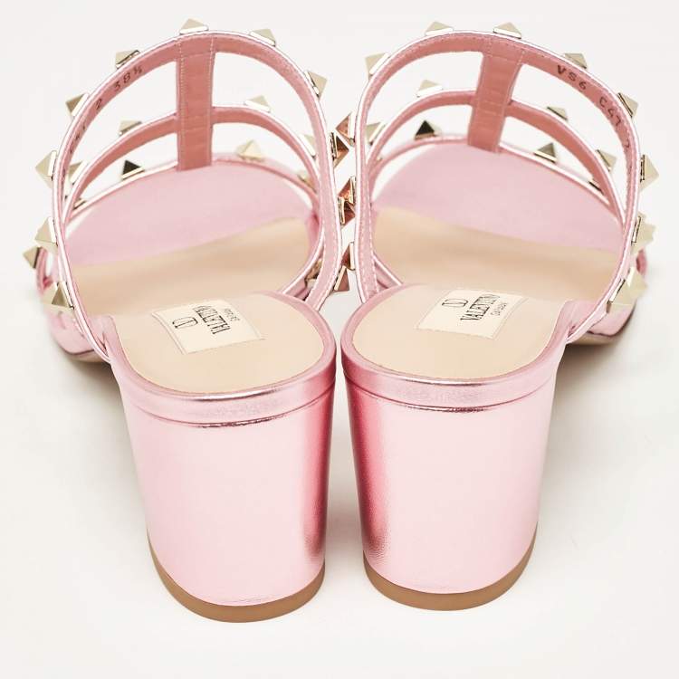 Pre Owned Valentino Metallic Pink Leather Rockstud Slide Sandals Size 38.5