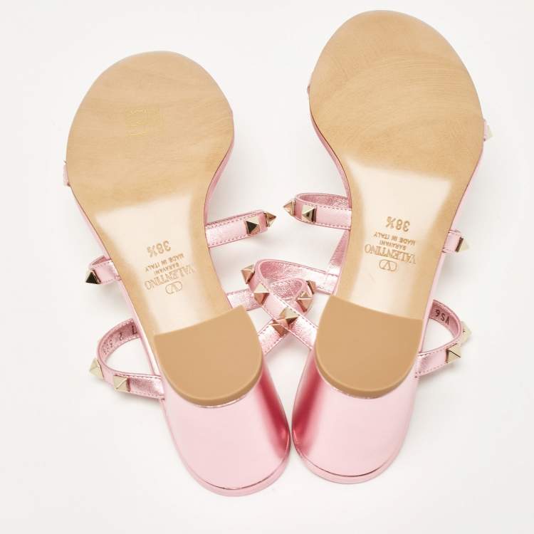 Pre Owned Valentino Metallic Pink Leather Rockstud Slide Sandals Size 38.5
