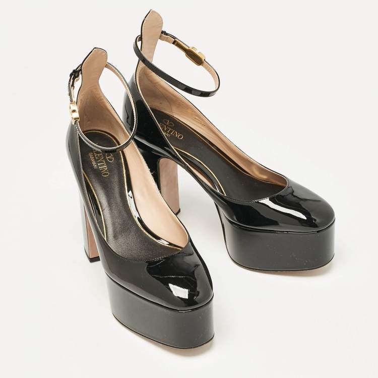 Pre Owned Valentino Black Patent Leather Tango Platform Pumps Size 38