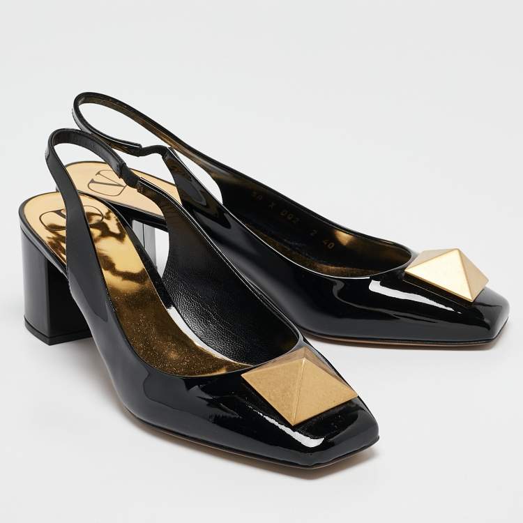 Pre Owned Valentino Black Patent Leather One Stud Block Heel Slingback Pumps Size 40
