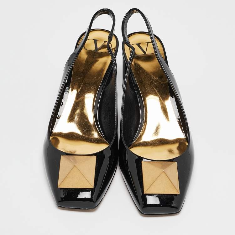 Pre Owned Valentino Black Patent Leather One Stud Block Heel Slingback Pumps Size 40