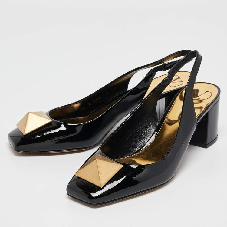 Pre Owned Valentino Black Patent Leather One Stud Block Heel Slingback Pumps Size 40