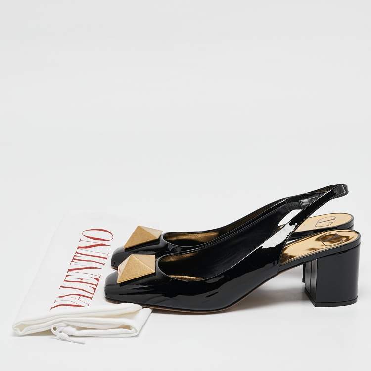 Pre Owned Valentino Black Patent Leather One Stud Block Heel Slingback Pumps Size 40