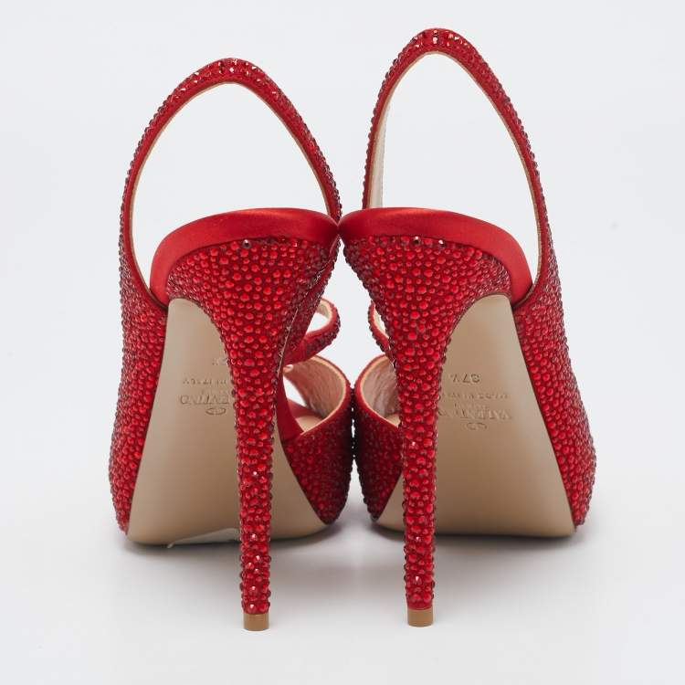 Pre Owned Valentino Red Suede Crystal Embellished Slingback Platform Sandals Size 37.5