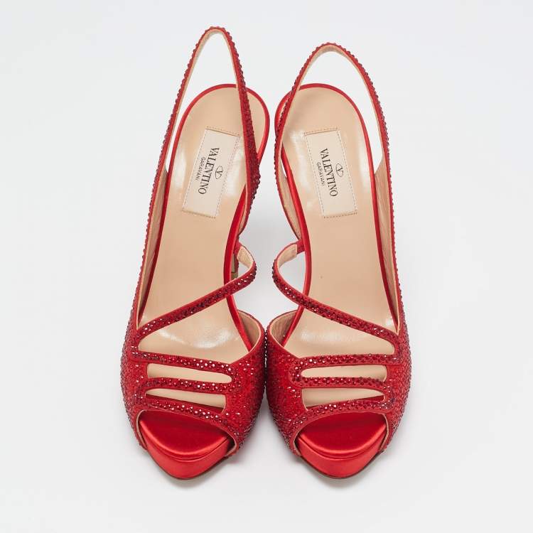 Pre Owned Valentino Red Suede Crystal Embellished Slingback Platform Sandals Size 37.5