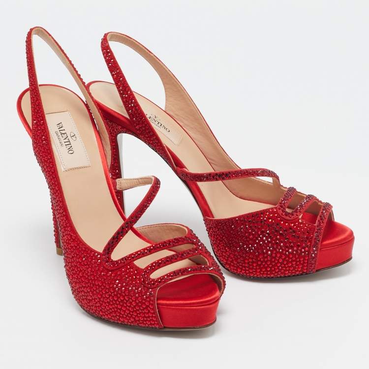 Pre Owned Valentino Red Suede Crystal Embellished Slingback Platform Sandals Size 37.5